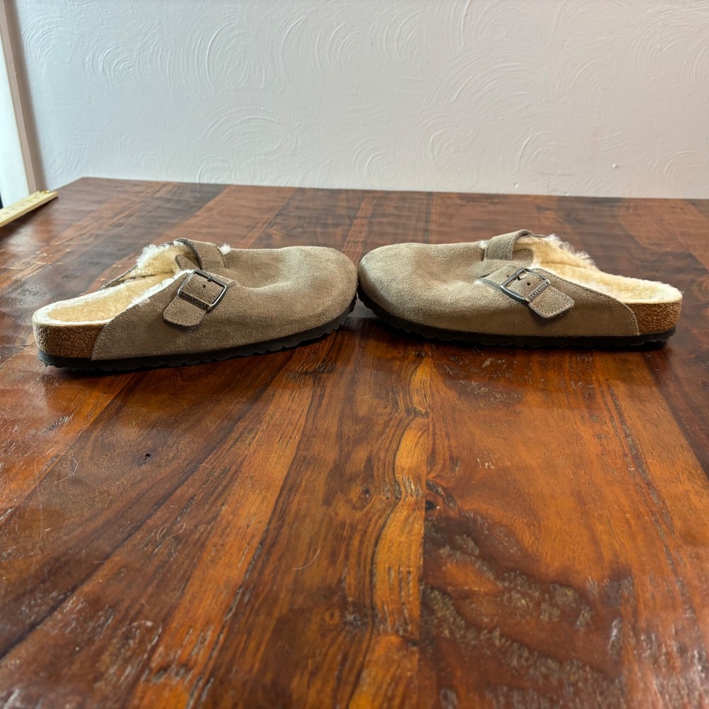 Birkenstock Boston Shearling Suede Clogs Taupe Brown Mules Womens 41 L10 M8 - Picture 13 of 15